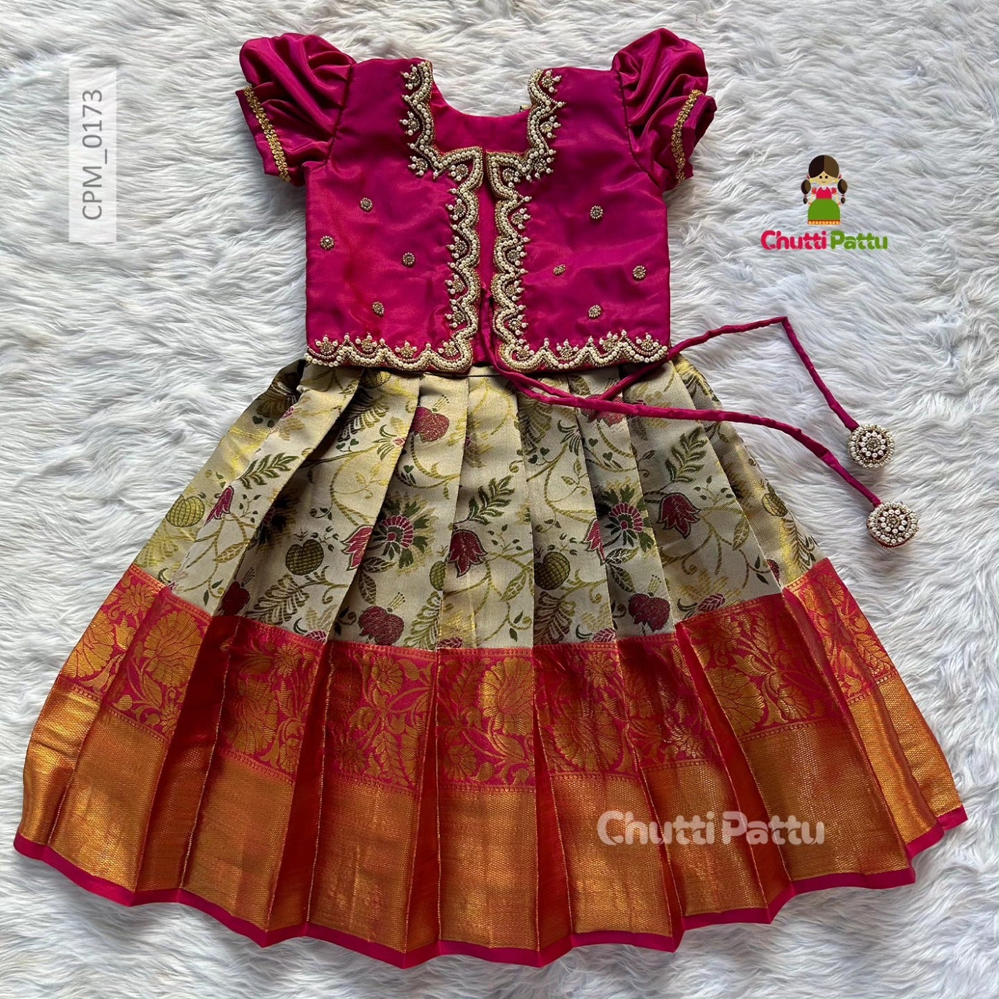 Magenta & Off White Kanchi Soft Silk Aari Work Overcoat Set | CPM_0173