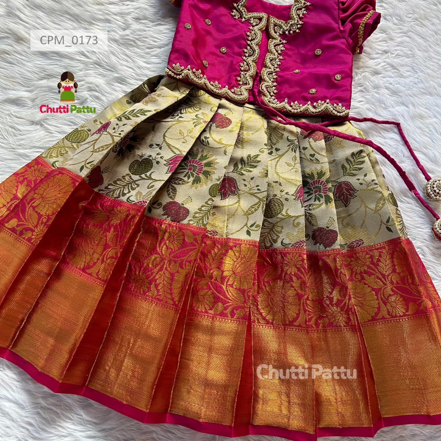 Magenta & Off White Kanchi Soft Silk Aari Work Overcoat Set | CPM_0173