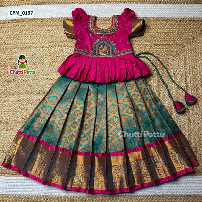 Pink & Light Teal Lakshmi Pendant Aari Pattu Pavadai | CPM_0197