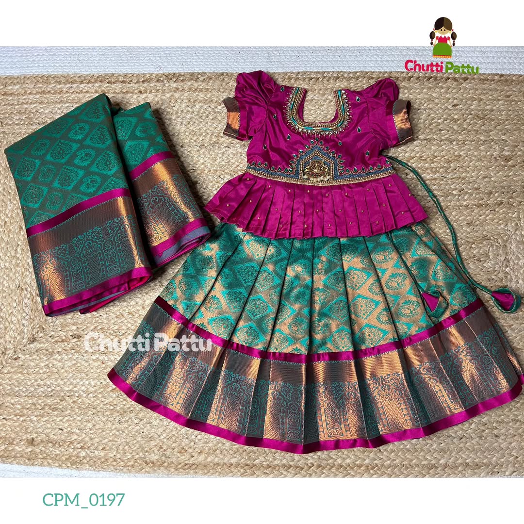 Pink & Light Teal Lakshmi Pendant Aari Pattu Pavadai | CPM_0197