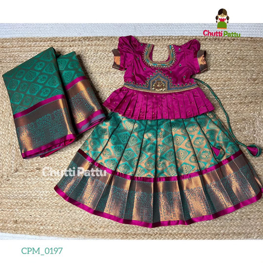 Pink & Light Teal Lakshmi Pendant Aari Pattu Pavadai | CPM_0197