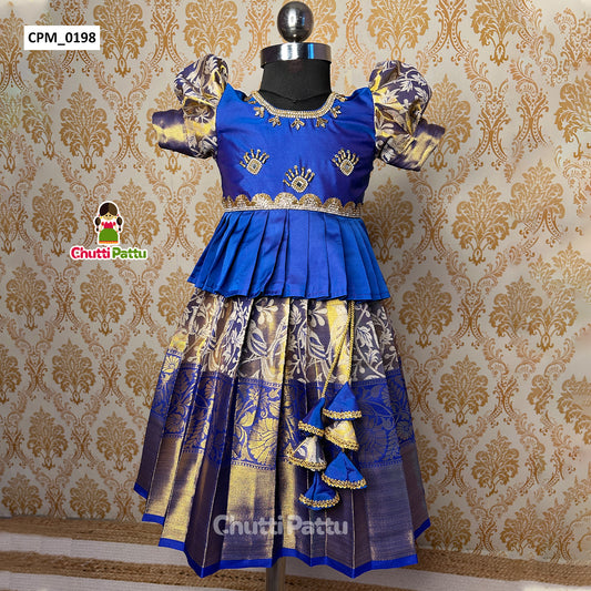 Luxurious Blue Tissue Silk Top with Aari Work Kanchi Silk Skirt | CPM_0198