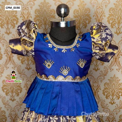 Luxurious Blue Tissue Silk Top with Aari Work Kanchi Silk Skirt | CPM_0198