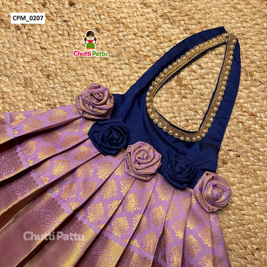 Dark Blue & Lavender - Rose Bow Halter Neck Frock | CPM_0207