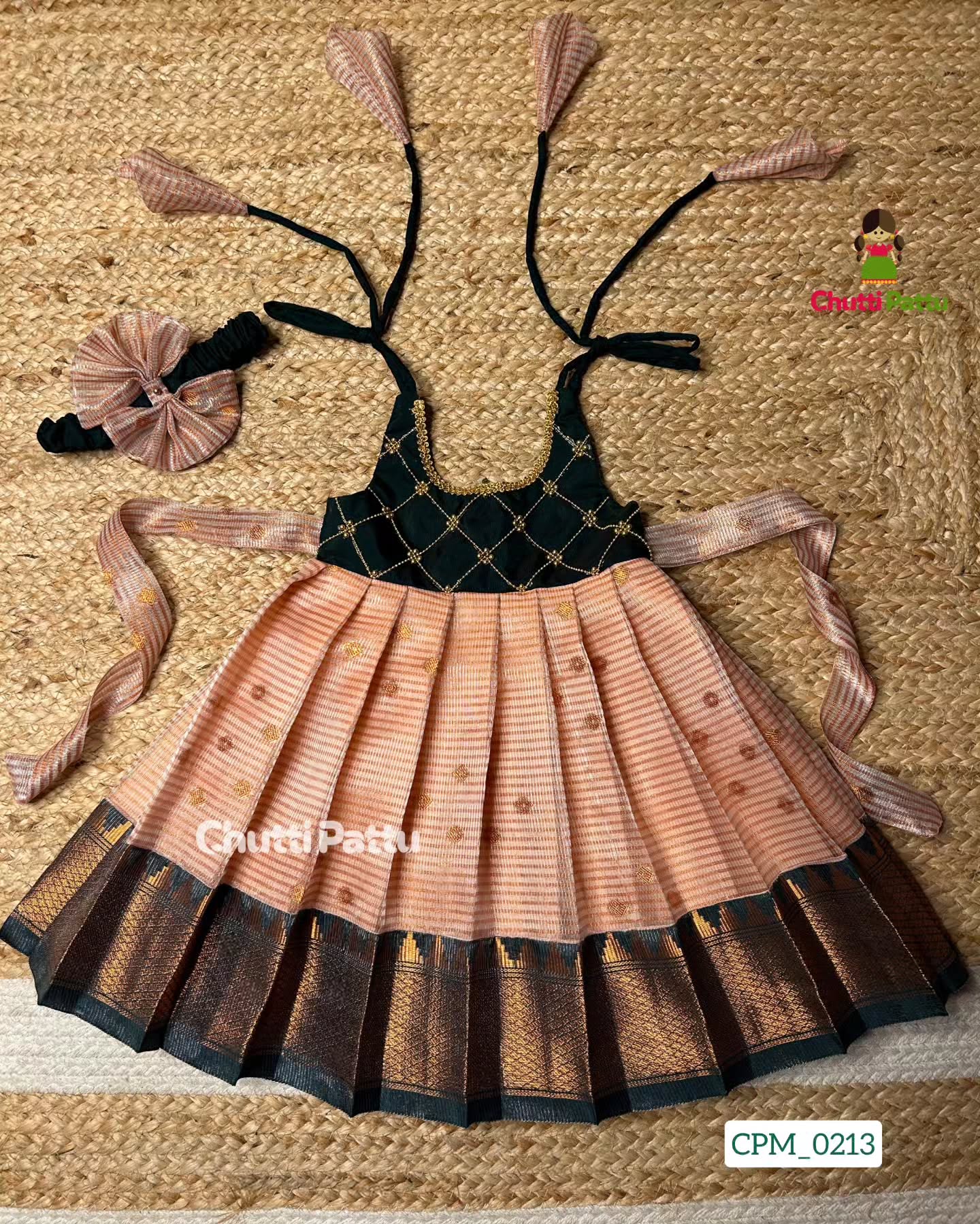 Bottle green and Rose Gold Tissue Silk Tip-Up Frock | CPM_0213