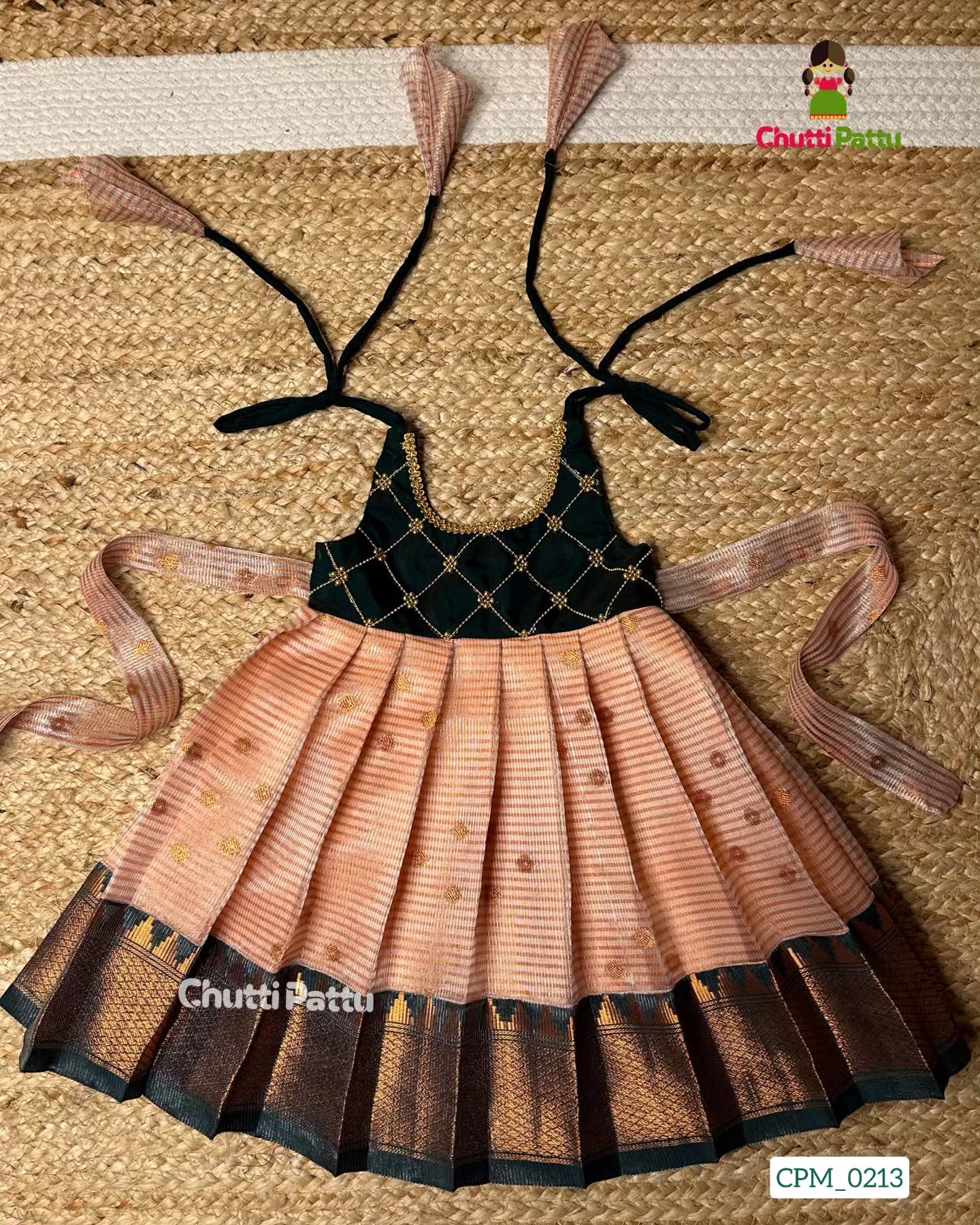 Bottle green and Rose Gold Tissue Silk Tip-Up Frock | CPM_0213