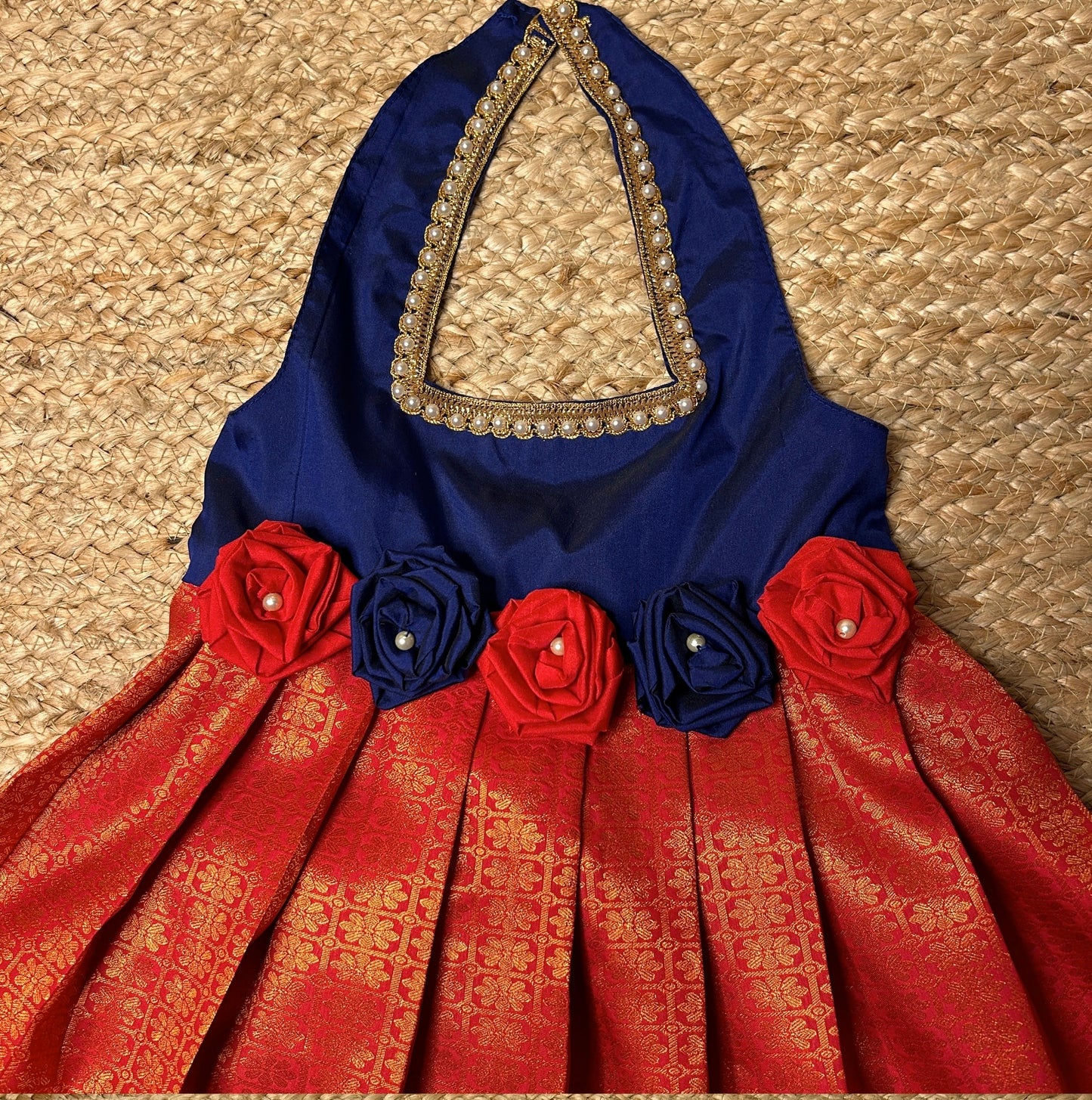 Dark Blue & Chilly Red Rose Bow Halter Neck Frock | CPM_0217