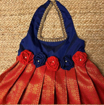 Dark Blue & Chilly Red Rose Bow Halter Neck Frock | CPM_0217