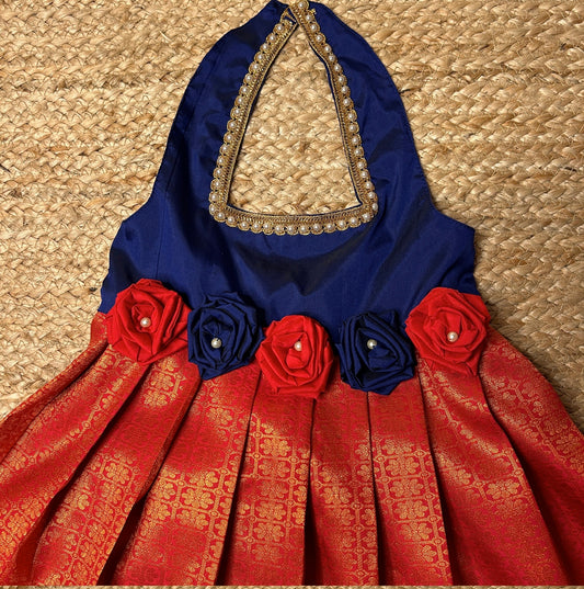 Dark Blue & Chilly Red Rose Bow Halter Neck Frock | CPM_0217