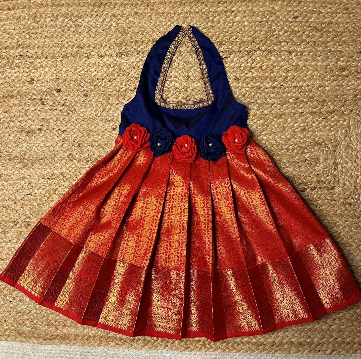 Dark Blue & Chilly Red Rose Bow Halter Neck Frock | CPM_0217