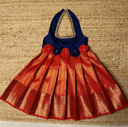 Dark Blue & Chilly Red Rose Bow Halter Neck Frock | CPM_0217