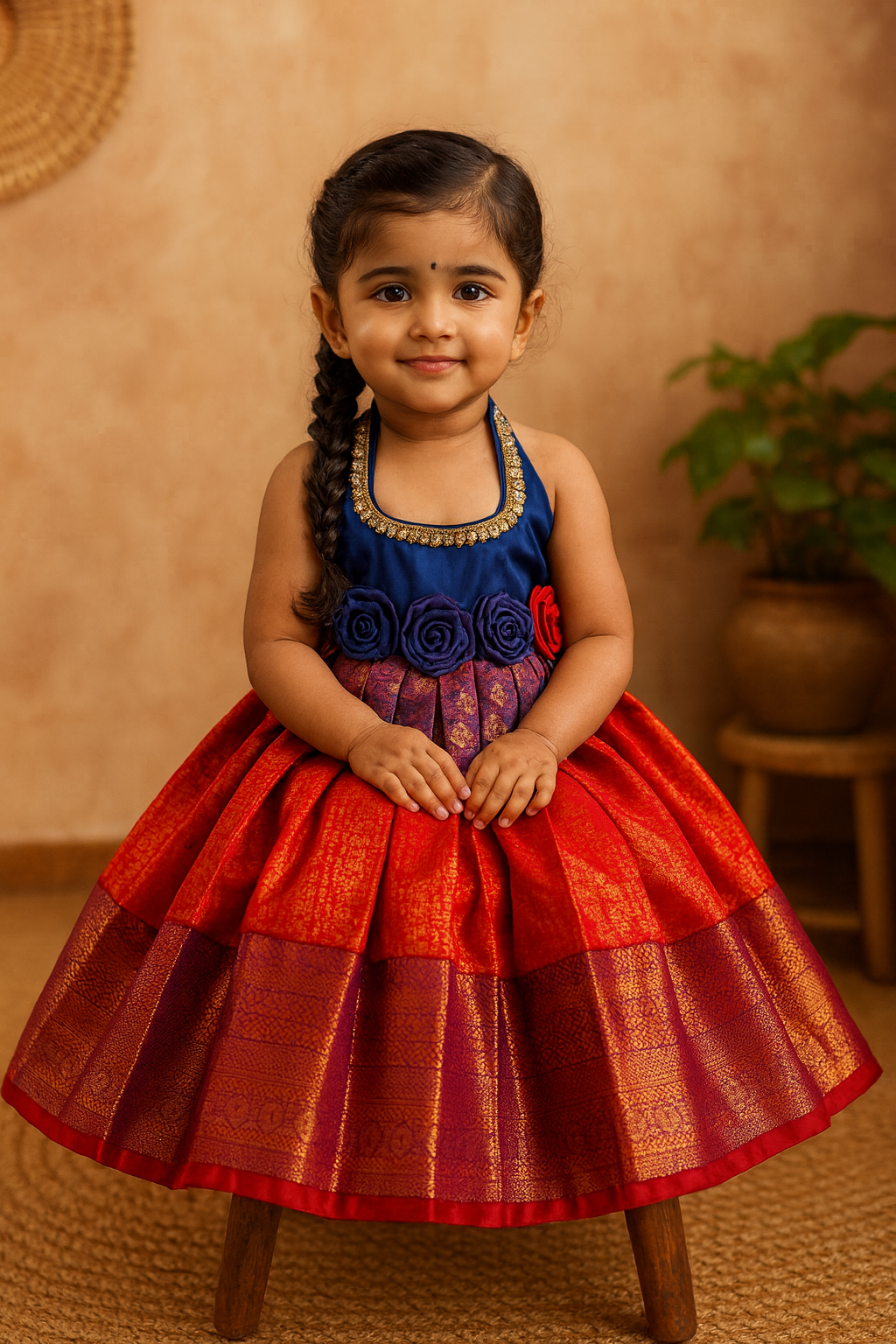 Dark Blue & Chilly Red Rose Bow Halter Neck Frock | CPM_0217