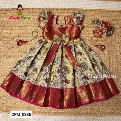 White & Pink Kalamkari Kanchi Silk Frock | CPM_0235