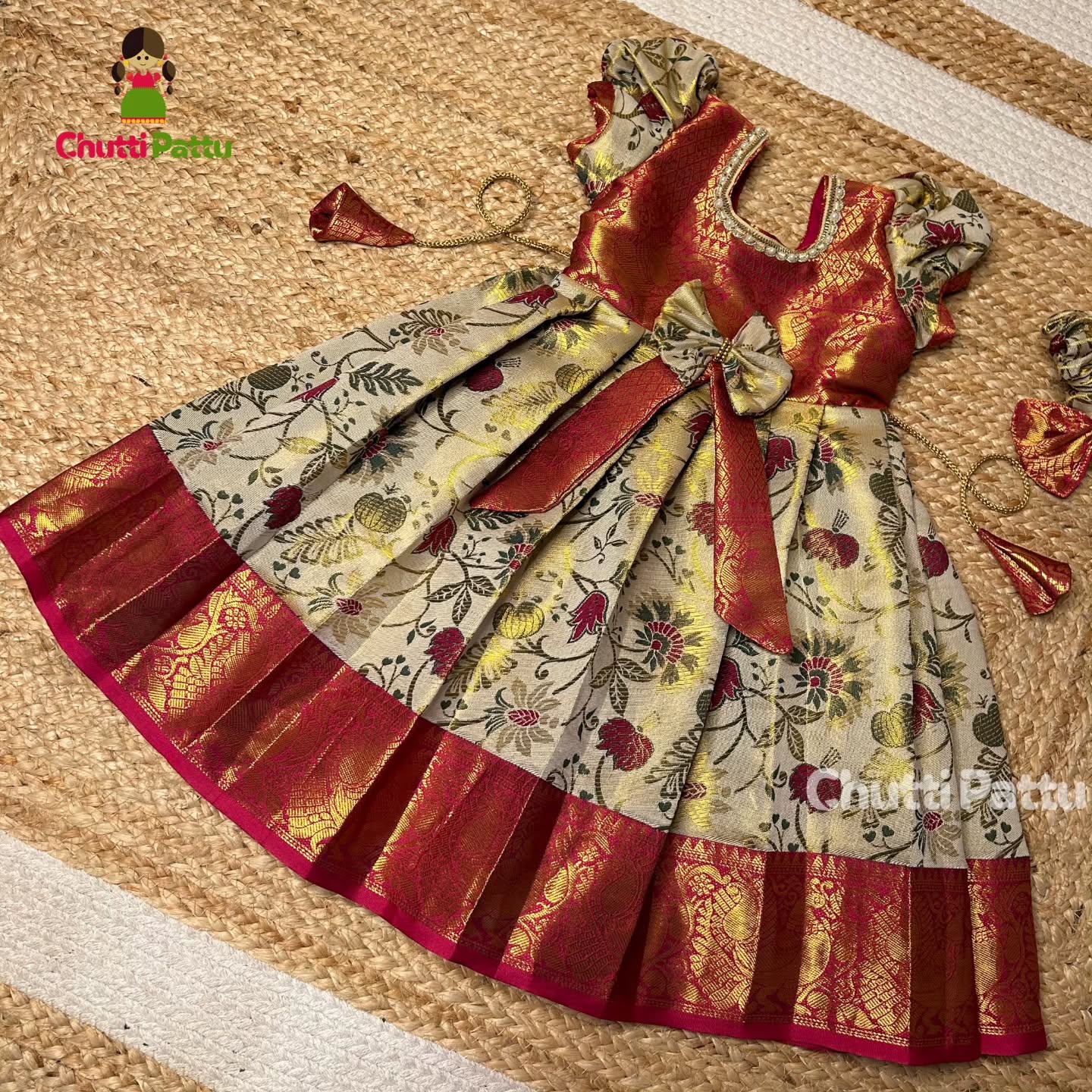White & Pink Kalamkari Kanchi Silk Frock | CPM_0235