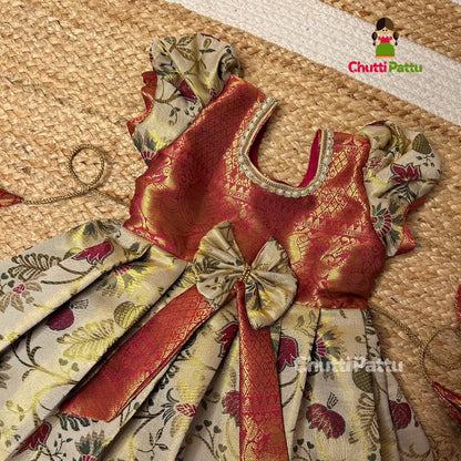 White & Pink Kalamkari Kanchi Silk Frock | CPM_0235