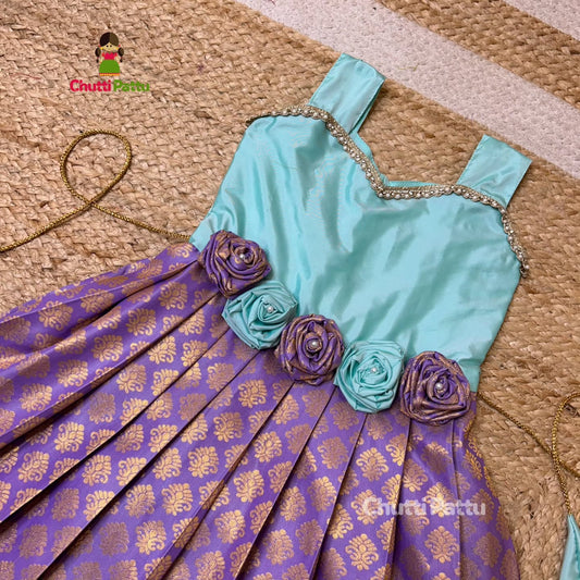 Light Cyan & Lavender Rose Bow Frock | CPM_0241B