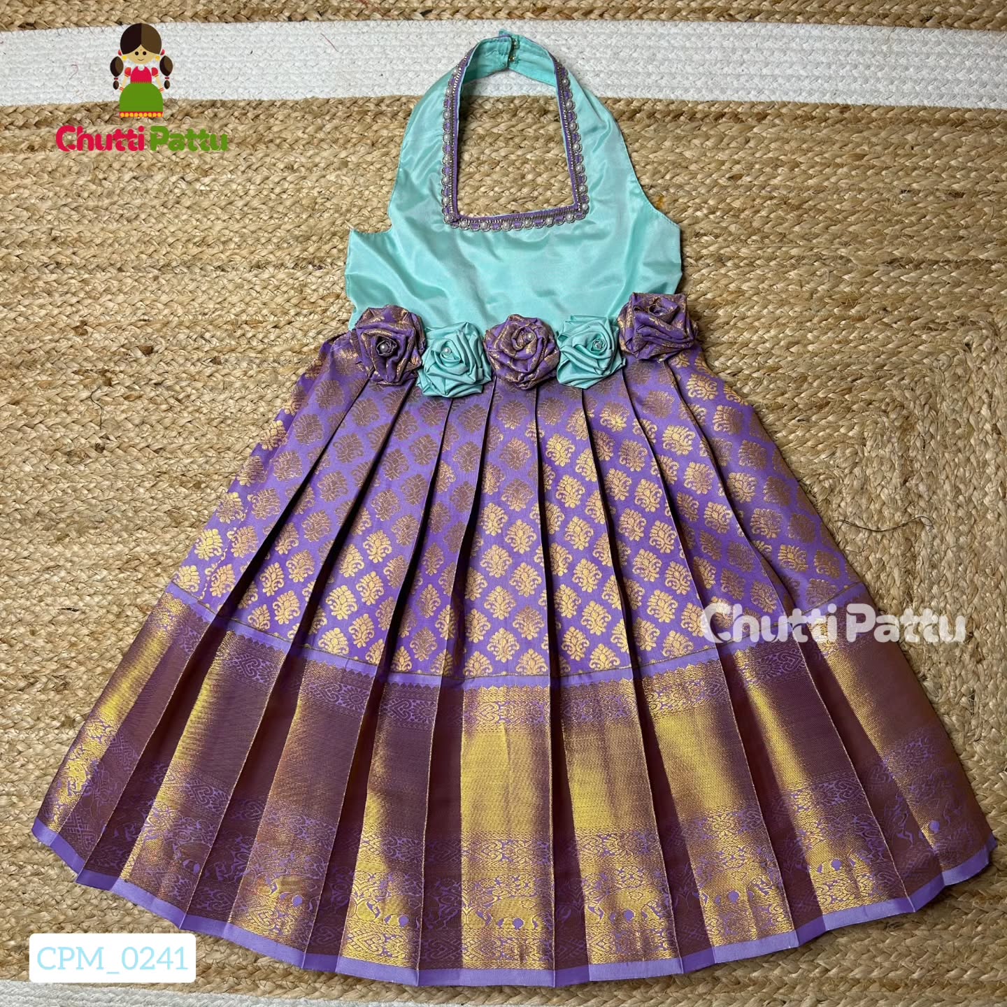 Light Cyan & Lavender Rose Bow Halter Neck Frock | CPM_0241