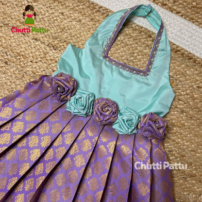 Light Cyan & Lavender Rose Bow Halter Neck Frock | CPM_0241
