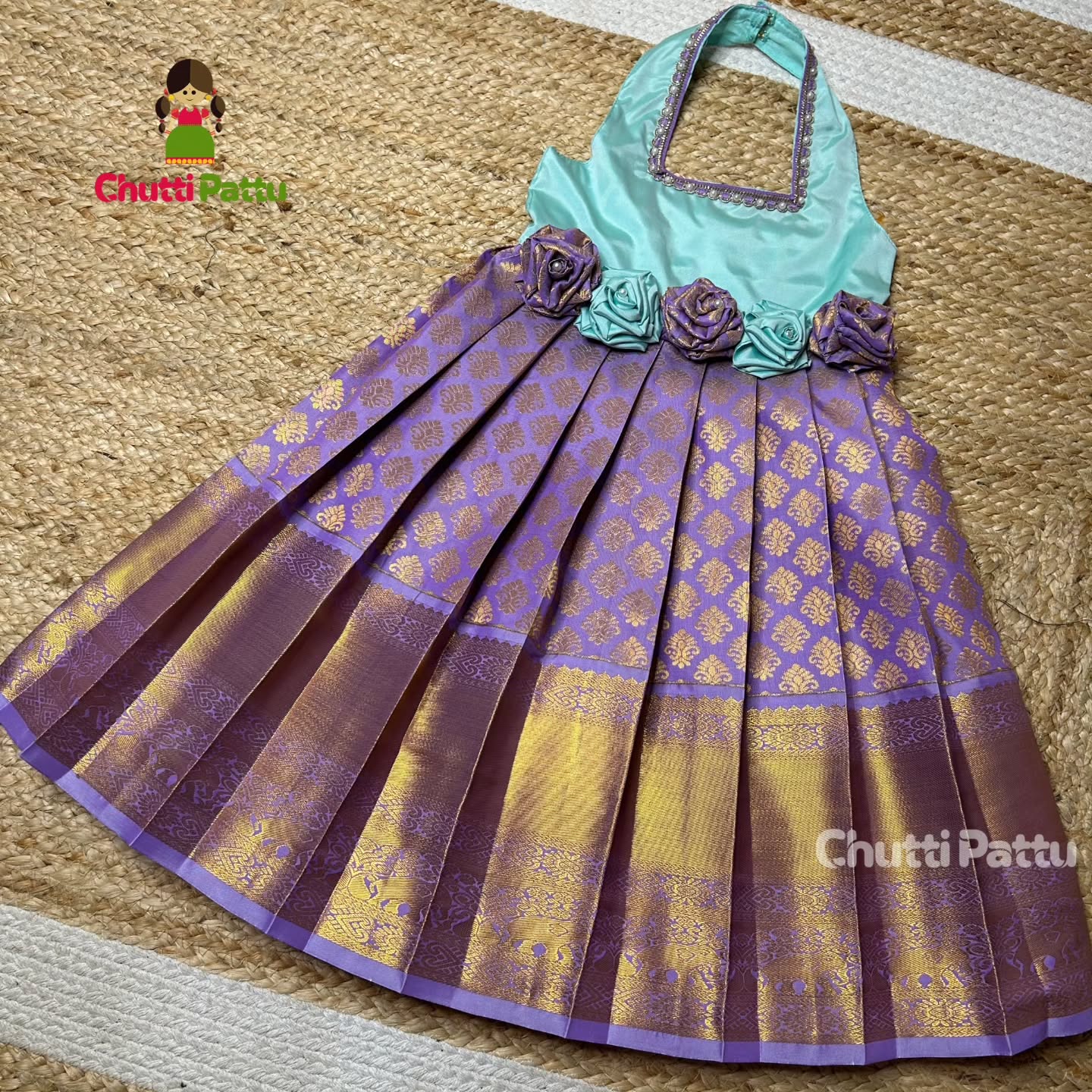 Light Cyan & Lavender Rose Bow Halter Neck Frock | CPM_0241