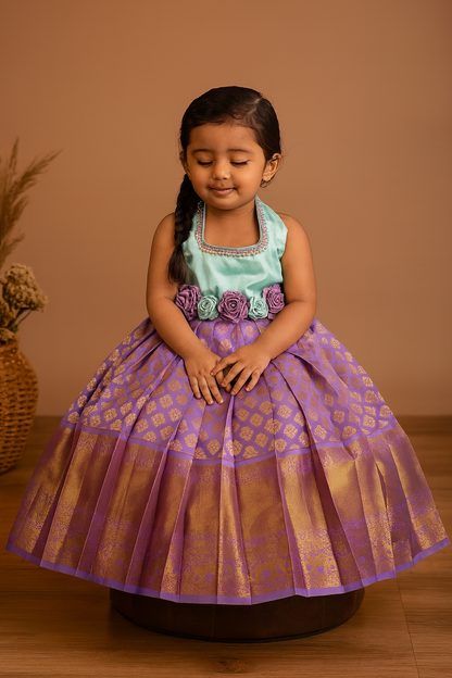 Light Cyan & Lavender Rose Bow Halter Neck Frock | CPM_0241