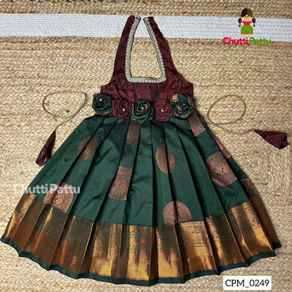 Dark Maroon & Bottle Green Rose Bow Halter Neck Frock | CPM_0249