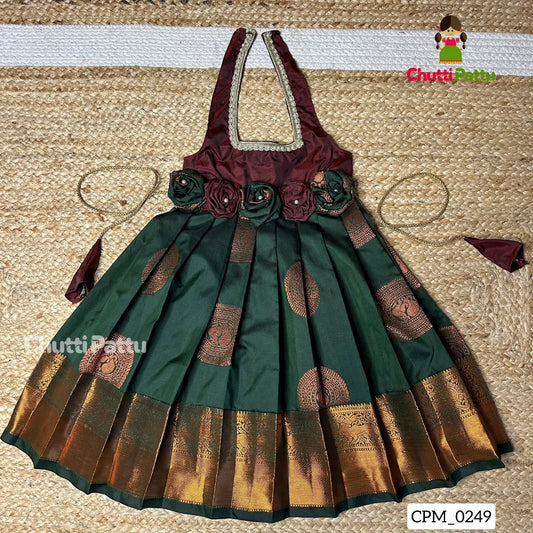 Dark Maroon & Bottle Green Rose Bow Halter Neck Frock | CPM_0249