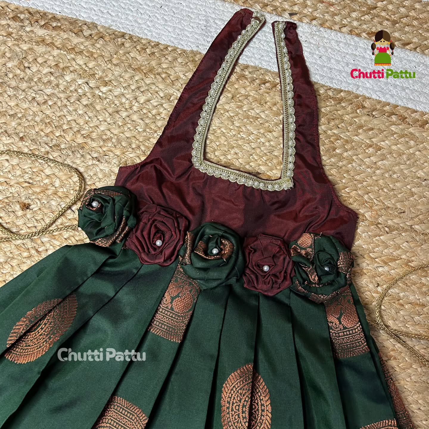 Dark Maroon & Bottle Green Rose Bow Halter Neck Frock | CPM_0249