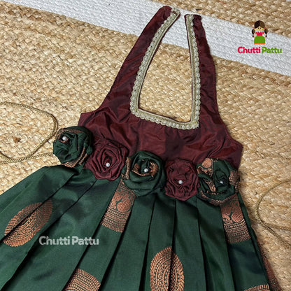 Dark Maroon & Bottle Green Rose Bow Halter Neck Frock | CPM_0249