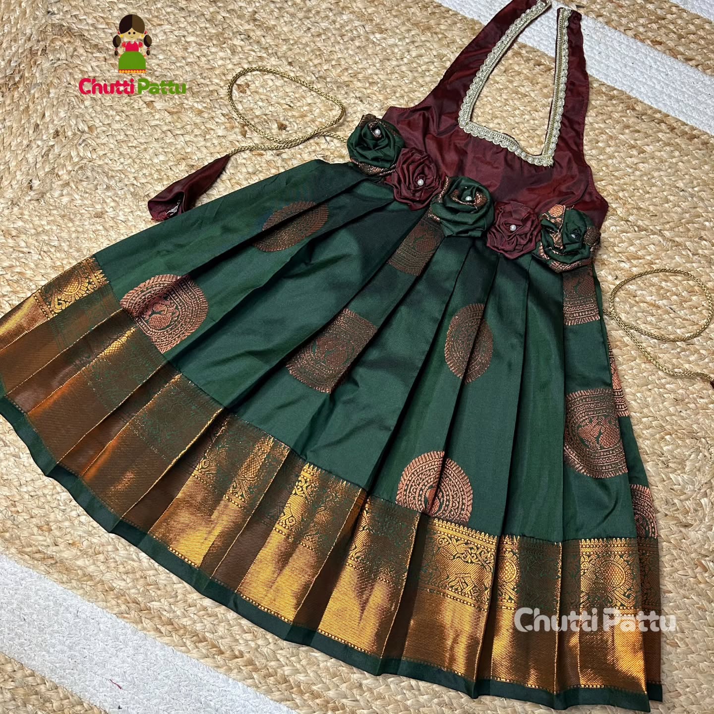 Dark Maroon & Bottle Green Rose Bow Halter Neck Frock | CPM_0249