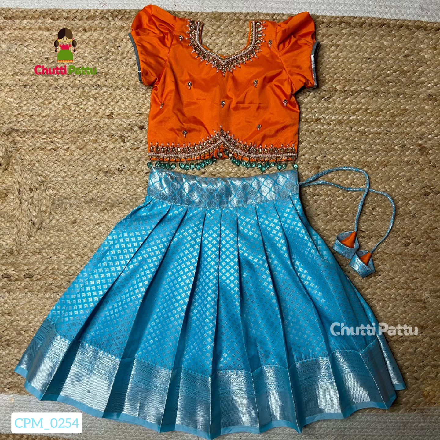 Thenmozhi - Orange & Sky Blue Kanchi Soft Silk Aari Pattu Pavadai | CPM_0254