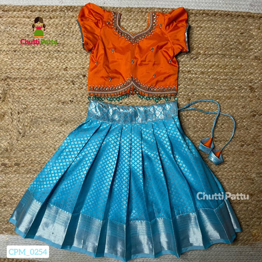 Thenmozhi - Orange & Sky Blue Kanchi Soft Silk Aari Pattu Pavadai | CPM_0254