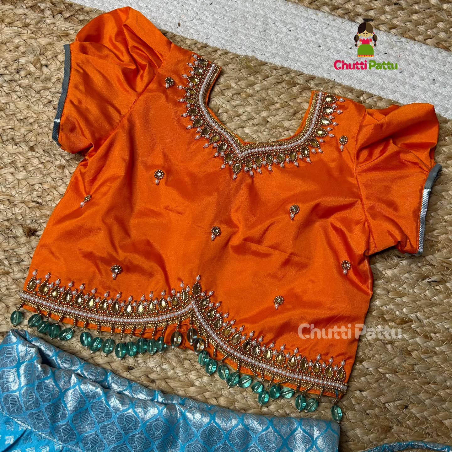 Thenmozhi - Orange & Sky Blue Kanchi Soft Silk Aari Pattu Pavadai | CPM_0254