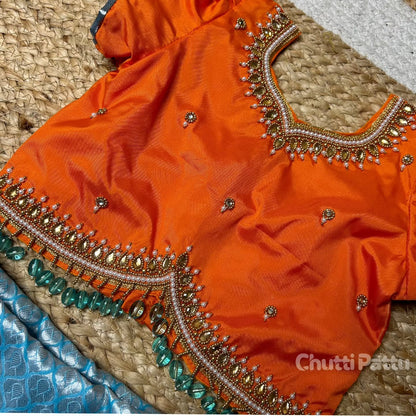 Thenmozhi - Orange & Sky Blue Kanchi Soft Silk Aari Pattu Pavadai | CPM_0254