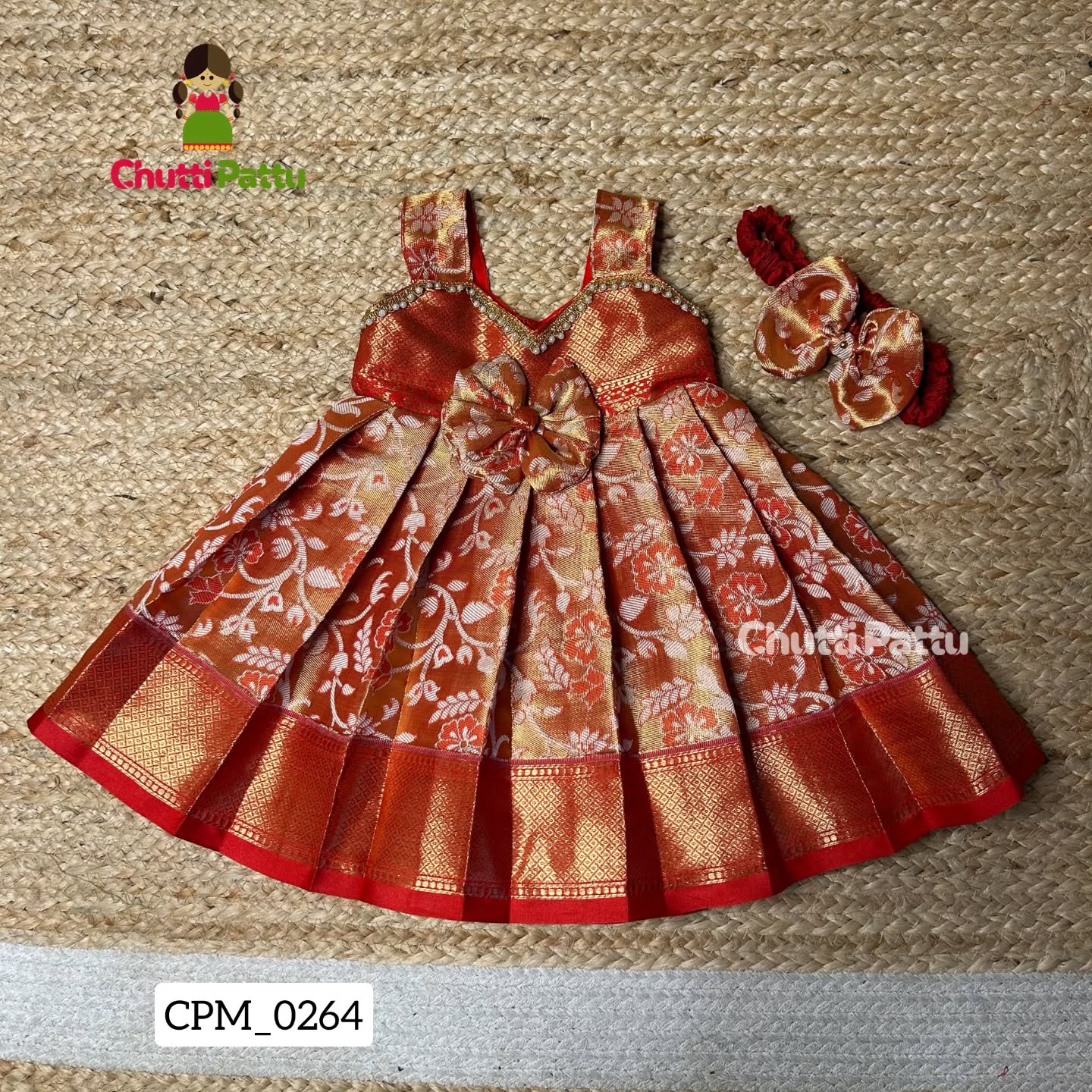 Reddish Orange Semi Kanchi Tissue Silk Sleeveless Frock | CPM_0264