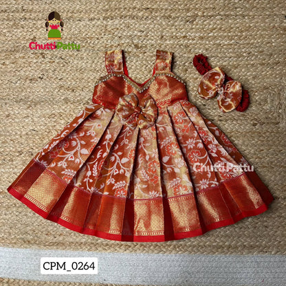 Reddish Orange Semi Kanchi Tissue Silk Sleeveless Frock | CPM_0264