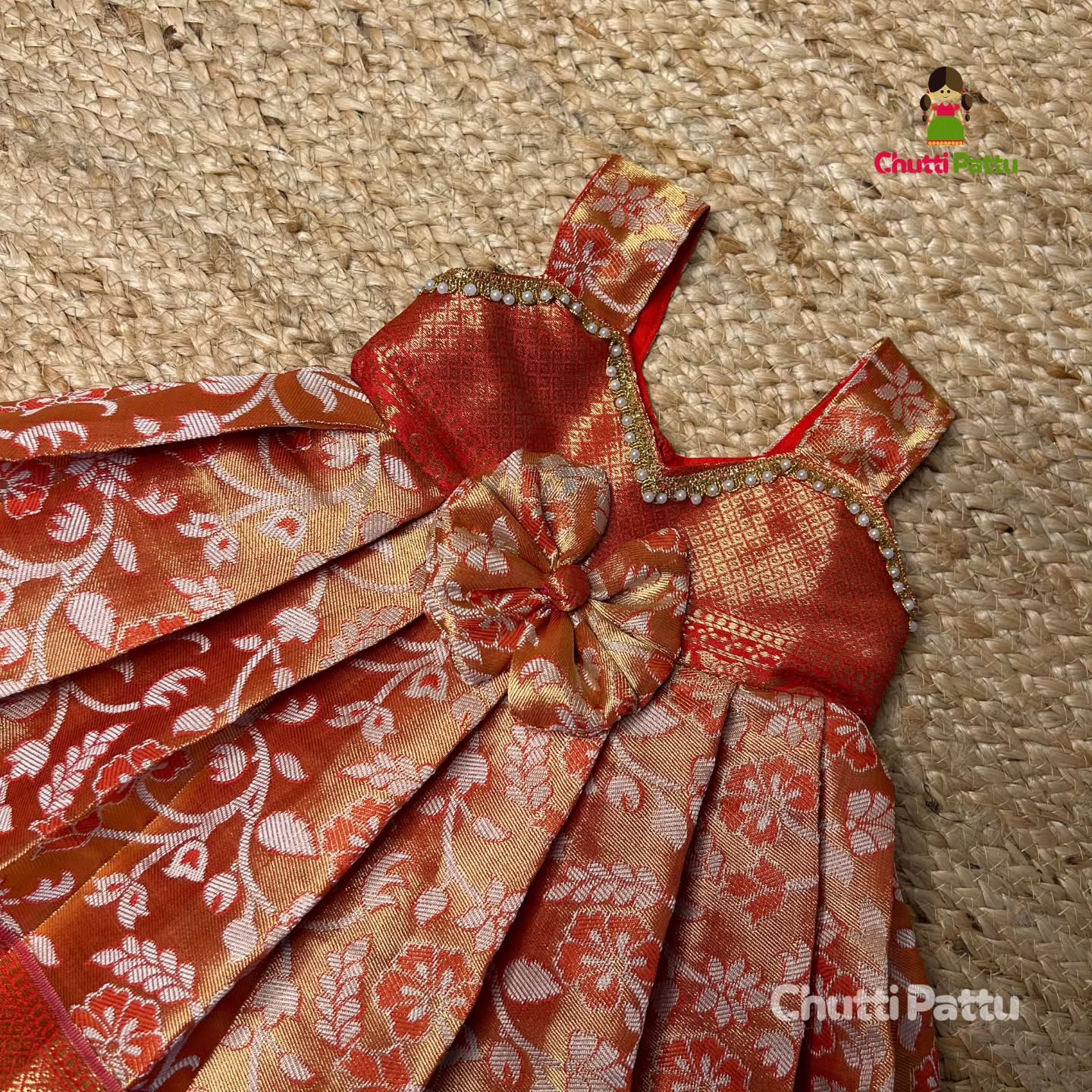 Reddish Orange Semi Kanchi Tissue Silk Sleeveless Frock | CPM_0264