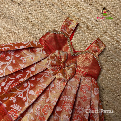 Reddish Orange Semi Kanchi Tissue Silk Sleeveless Frock | CPM_0264