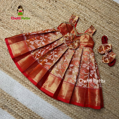 Reddish Orange Semi Kanchi Tissue Silk Sleeveless Frock | CPM_0264