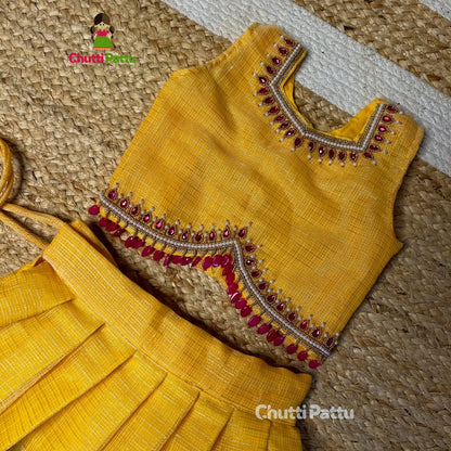 Yellow Tissue Silk Aari Work Top & Skirt | CPM_0266
