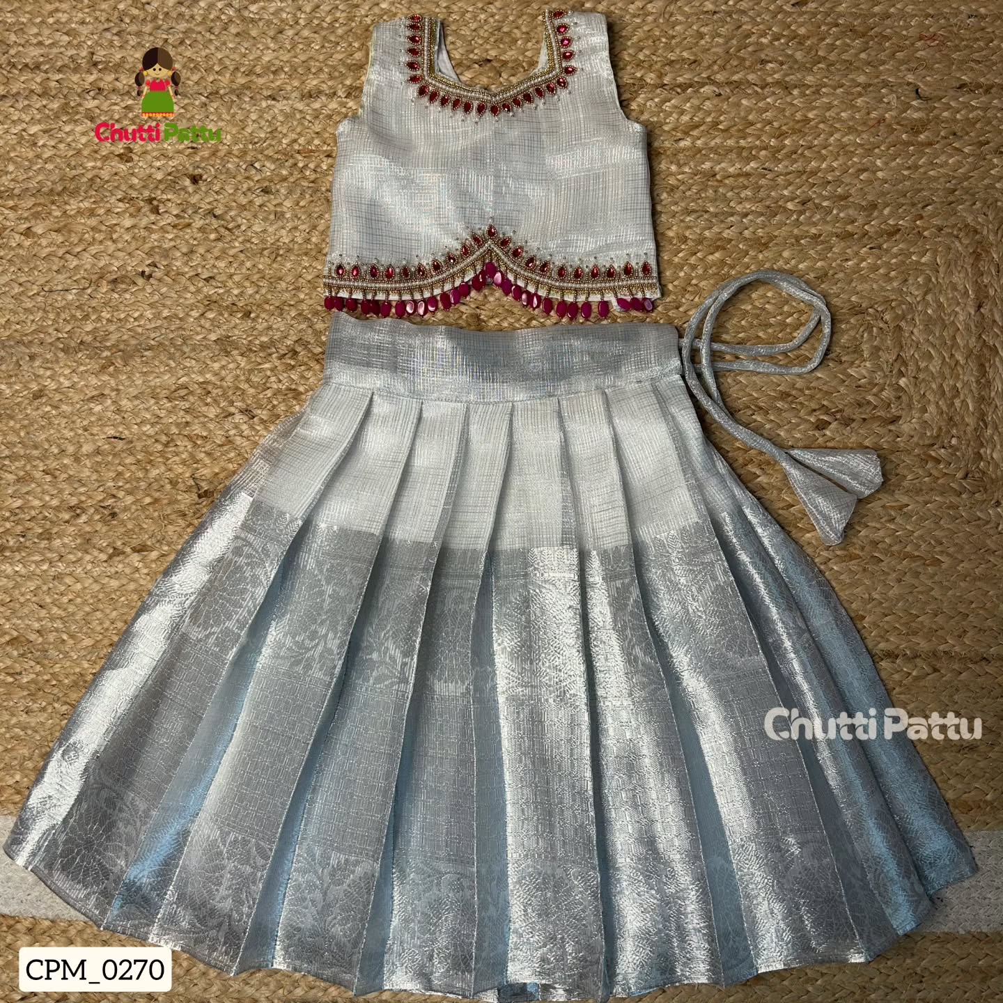 Silver Tissue Silk Aari Work Top & Skirt | CPM_0270