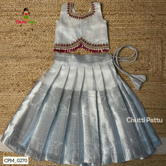 Silver Tissue Silk Aari Work Top & Skirt | CPM_0270