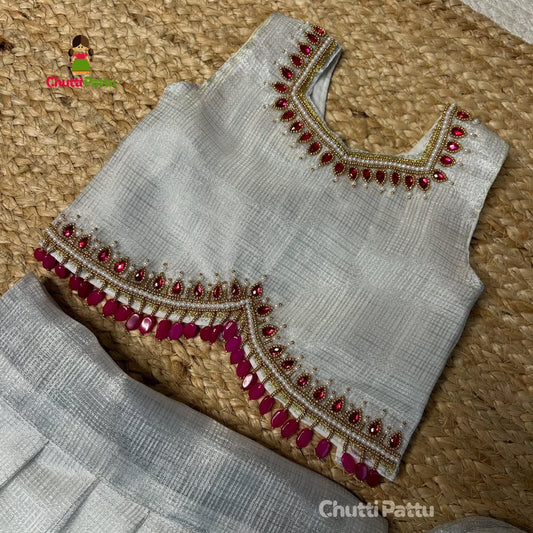 Silver Tissue Silk Aari Work Top & Skirt | CPM_0270