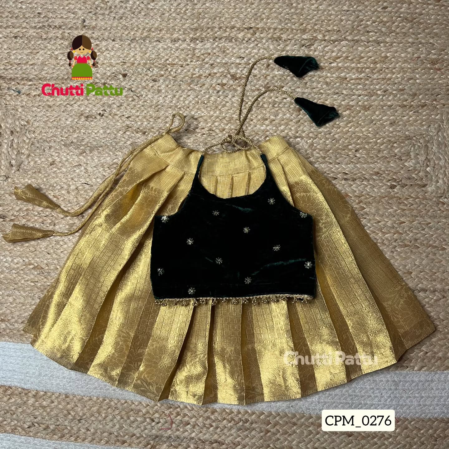 Dark Green(Velvet) and Gold Tissue Halter Neck Set | CPM_0276