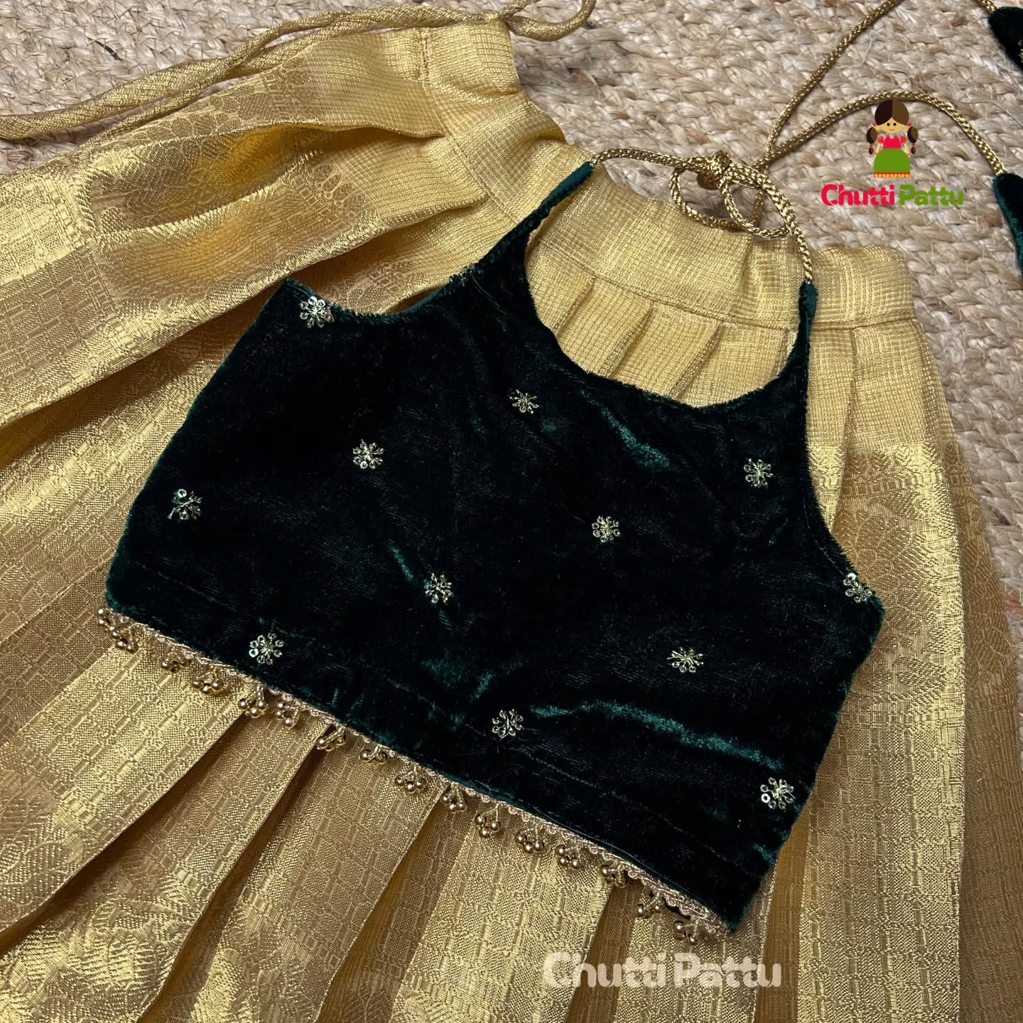 Dark Green(Velvet) and Gold Tissue Halter Neck Set | CPM_0276