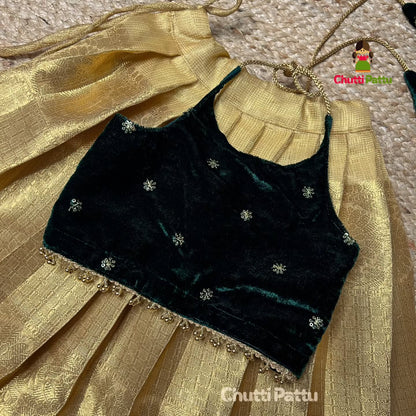 Dark Green(Velvet) and Gold Tissue Halter Neck Set | CPM_0276