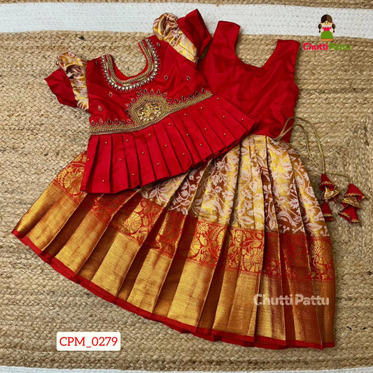 Golden Red Aari Pattu Pavadai with Lakshmi Pendant | CPM_0279