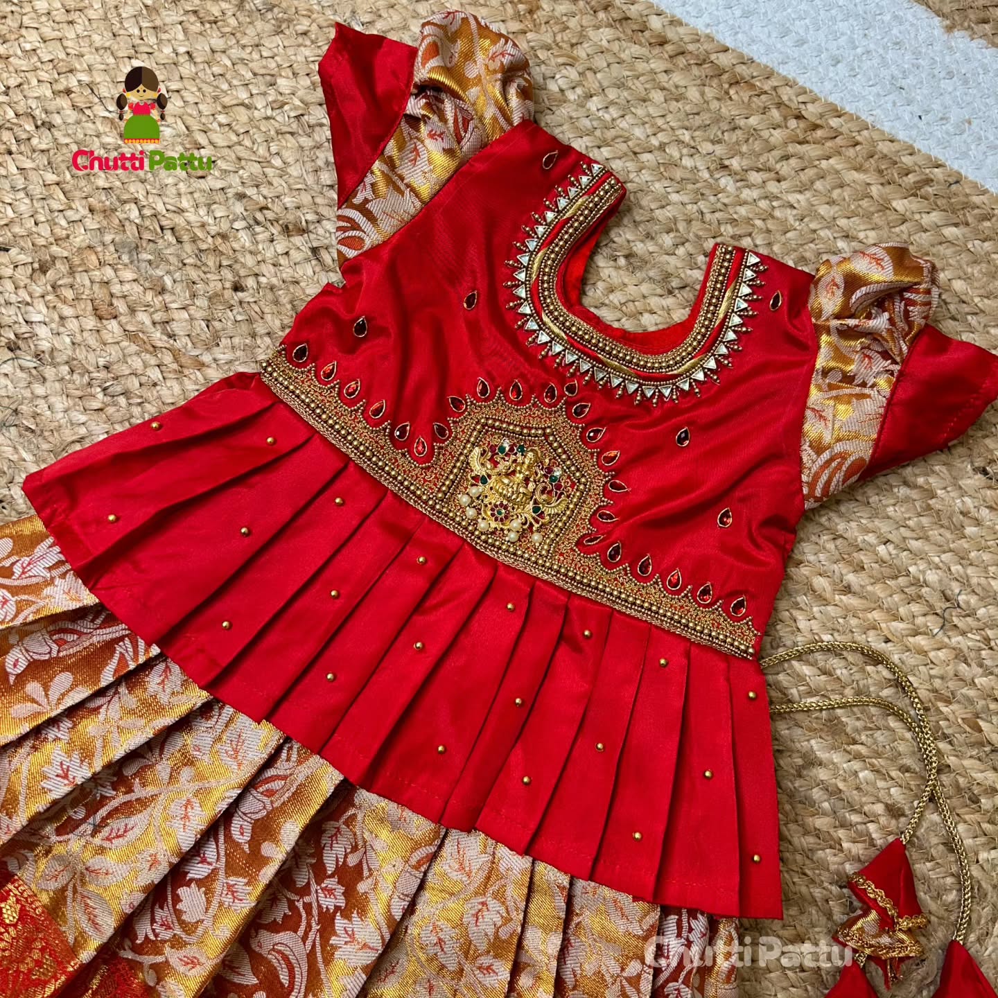 Golden Red Aari Pattu Pavadai with Lakshmi Pendant | CPM_0279