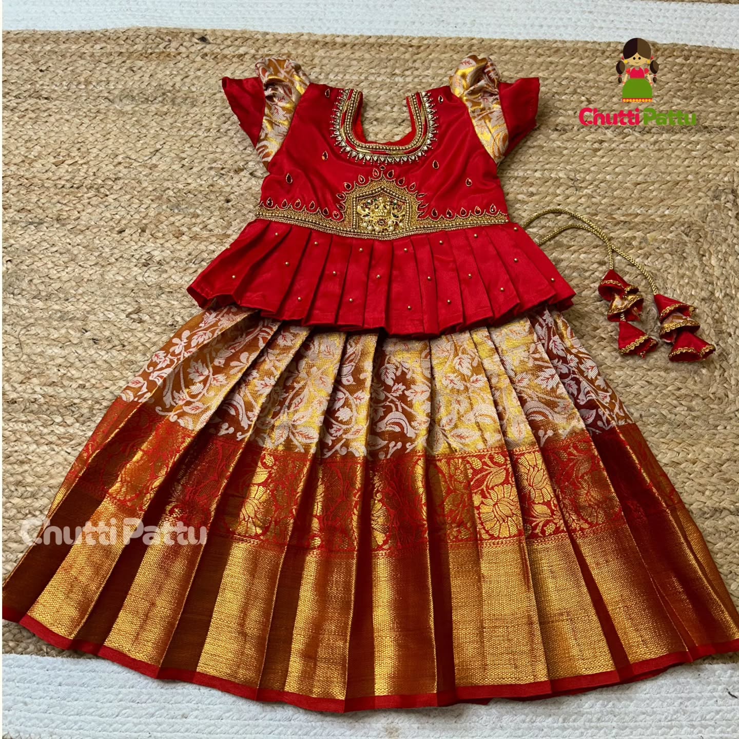 Golden Red Aari Pattu Pavadai with Lakshmi Pendant | CPM_0279