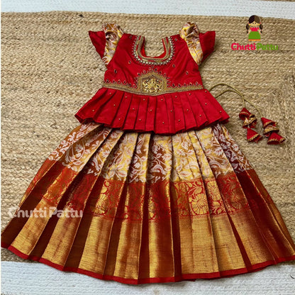 Golden Red Aari Pattu Pavadai with Lakshmi Pendant | CPM_0279