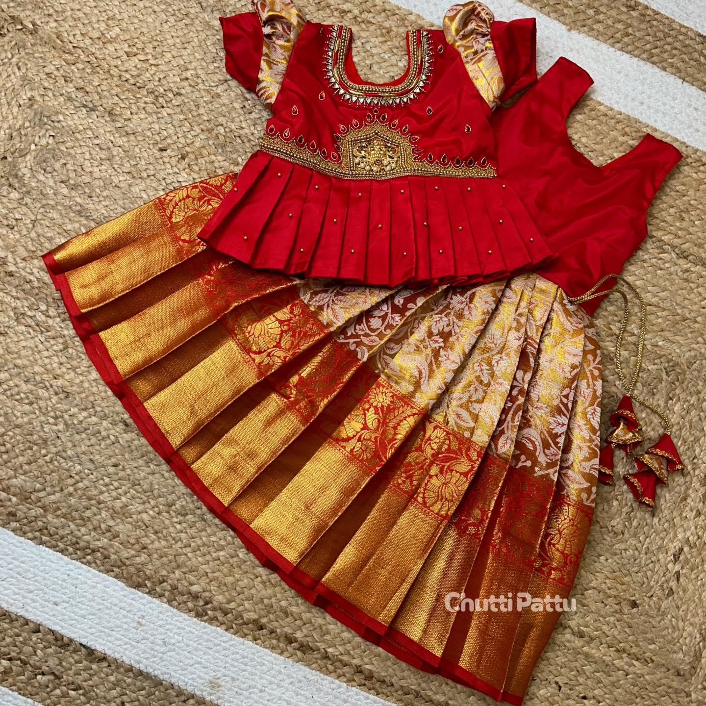 Golden Red Aari Pattu Pavadai with Lakshmi Pendant | CPM_0279